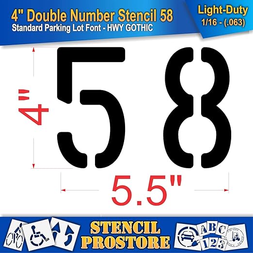 Pavement, Curb, and WheelStop Stencils - 4 inch Double Number Stencil - (58) - 4" x 5.5" x 1/16" (63 mil) - Light-Duty