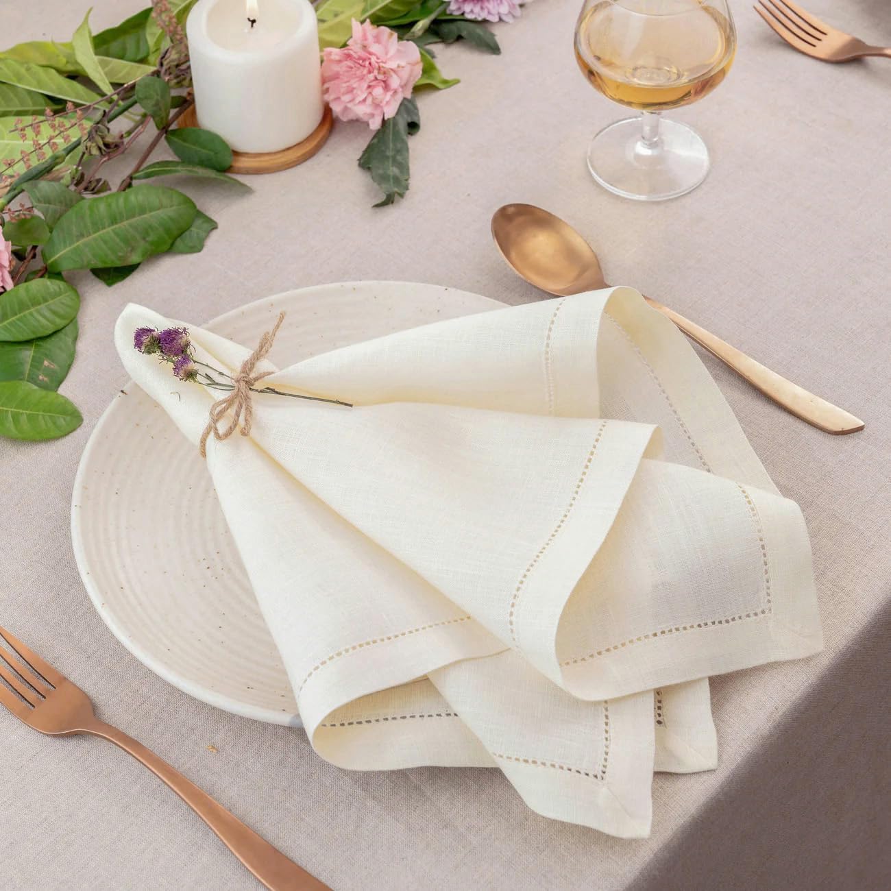 D'Moksha Homes Ivory Linen Napkins Set of 8 - Classic Hemstitch 100% Pure Linen Hemstitch Dinner Napkins 20 x 20 Inch for Fall, Thanksgiving, Christmas, Holiday - Handcrafted and Machine Washable