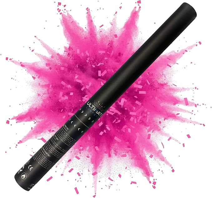 Ultimate Confetti – Handheld Gender Reveal Powder + Confetti Cannon 24” Pink – Non-Toxic Food-Grade Powder Cannon – Pre-Filled, Leak-Resistant Single-Use Cannon– 15–25 ft Outdoor Photo-Ready Explosion