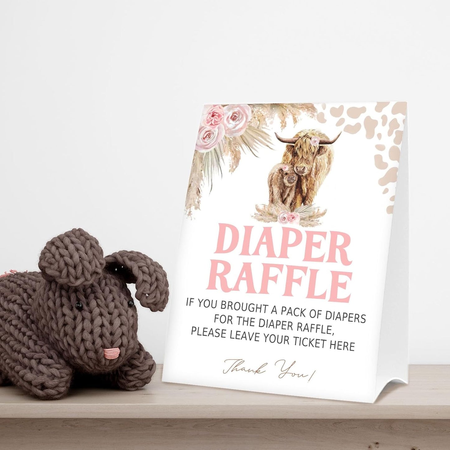Diaper Raffle Tickets for Baby Shower Game, 1 Standing Sign & 50 Guessing Cards for Baby Shower Party Decoration, Holy Cow, Boho Pink Highland Cow