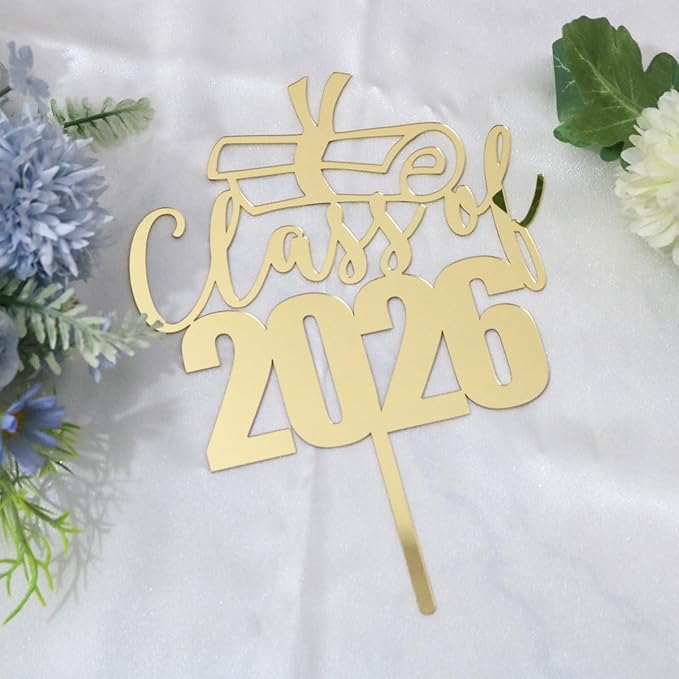 Mirror Acrylic Class of 2026 Cake Topper, Congrats Grad Cake Toppers - Gold Glitter Graduation Party Decorations
