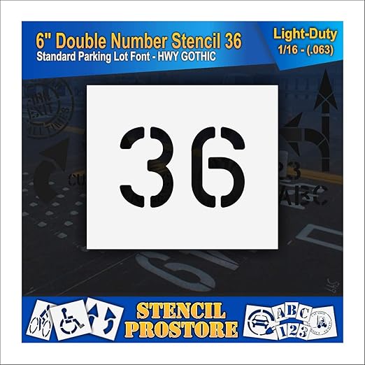 Pavement, Curb, and WheelStop Stencils - 6 inch Double Number Stencil - (36) - 6" x 9" x 1/16" (63 mil) - Light-Duty