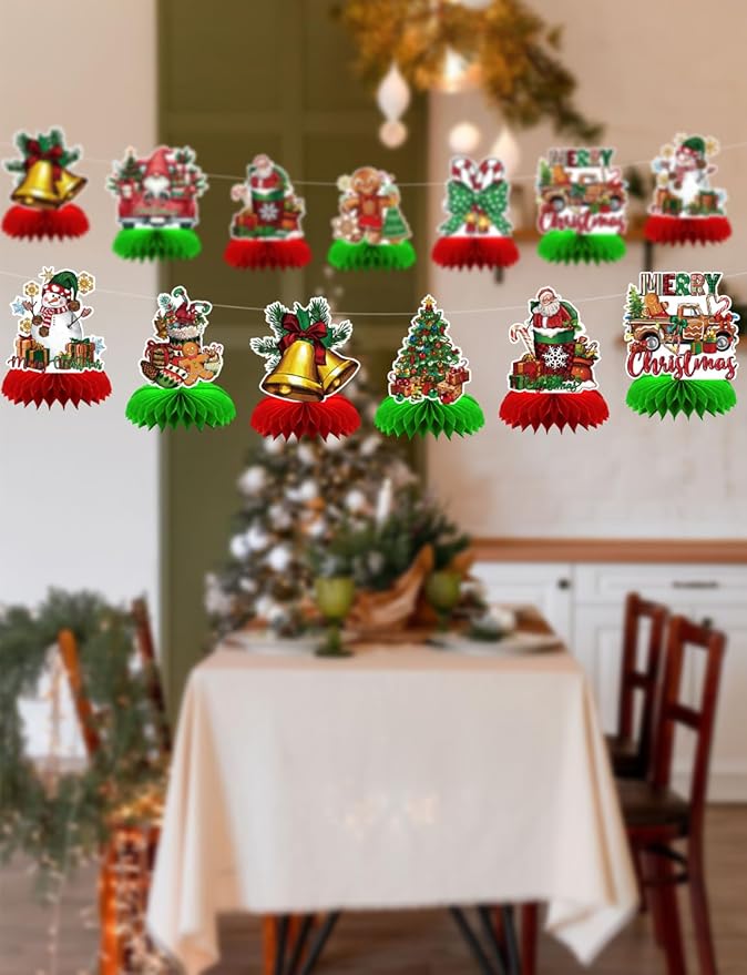 Christmas Party Table Decorations, 9Pcs 3D Christmas Honeycomb Centerpieces with Santa Claus & Snowman Designs, Festive Table Toppers for Winter Christmas Party Supplies