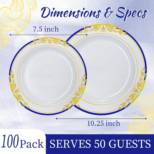 MENDENG 100Pcs Disposable Plastic Plates for Party, 50x7.5Inch & 50x10.25Inch Elegant Fancy Plastic Wedding Plates Disposable, Heavy Duty Dessert Party Dinner Plates