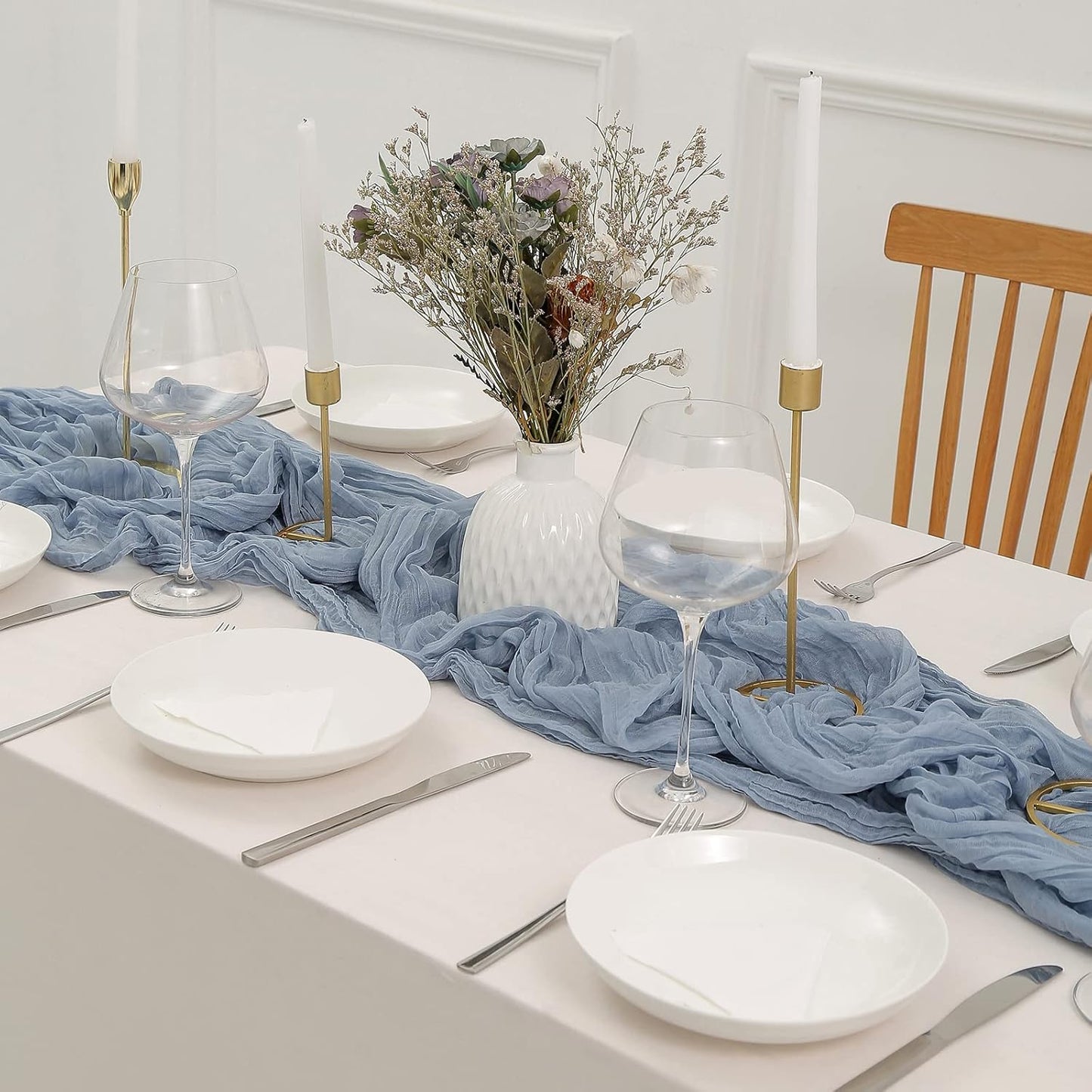 DOLOPL 8PCS Dusty Blue Cheesecloth Table Runner Bulk 13.3ft Boho Gauze Cheese Cloth Table Runner Rustic Sheer Runner 160inch Long for Wedding Bridal Baby Shower Birthday Party Cake Table Decorations