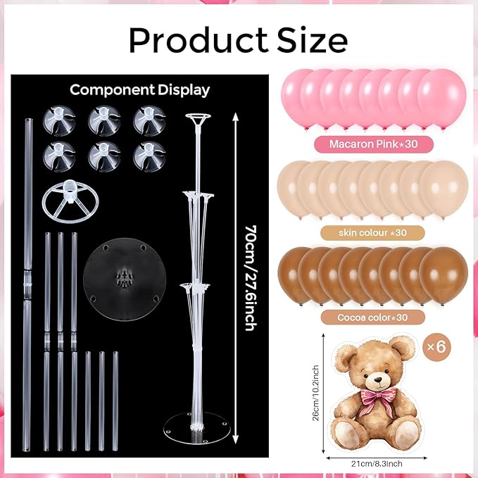 6 Sets Bear Baby Shower Balloon Stand Kit for Table Girl Baby Shower with Balloon Ornament for Pink Bear Theme Gender Reveal Birthday Party Table Decoration Supplies