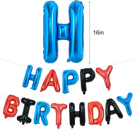 TONIFUL Happy Birthday Balloons with Ribbon Straw, 16 Inch Mylar Letters Birthday Sign Banner Bunting Reusable for Girls Boys Kids & Adults Party Decorations Supplies（Blue Red Black）