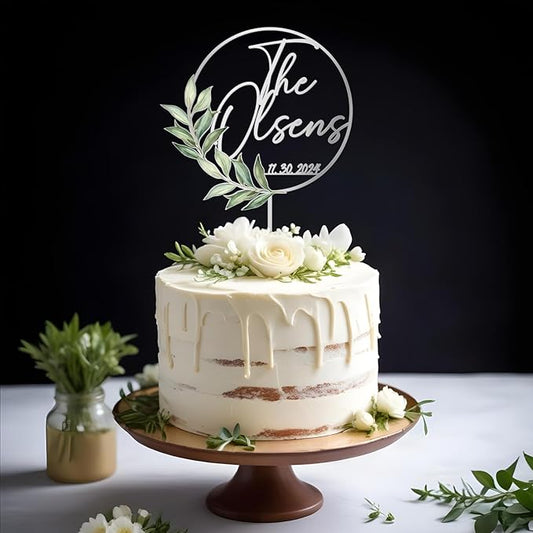 Personalized Wedding Cake Topper with Custom Bride & Groom's Last Name and Wedding Date Round Cake Decoration with Green Leaves