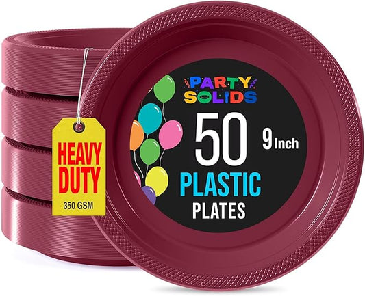 Exquisite Party Solids Burgundy Plastic Plates For Party Supplies 9" Burgundy Disposable Plates Heavy Duty 50 Pcs Plastic Dinnerware Sets Heavy Duty 350 GSM Disposable Dinnerware Set