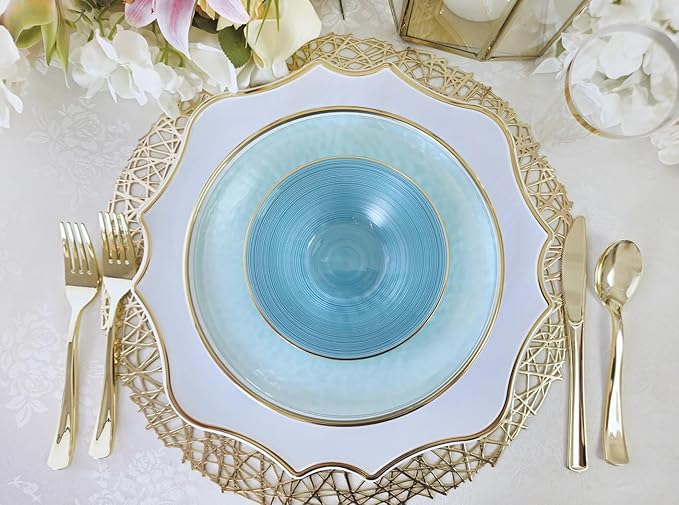 " OCCASIONS " 40 Pieces 13.25'' Scalloped Disposable/Reusable Plastic Charger Plates for Wedding, (Scalloped Imperial Blue & Gold)