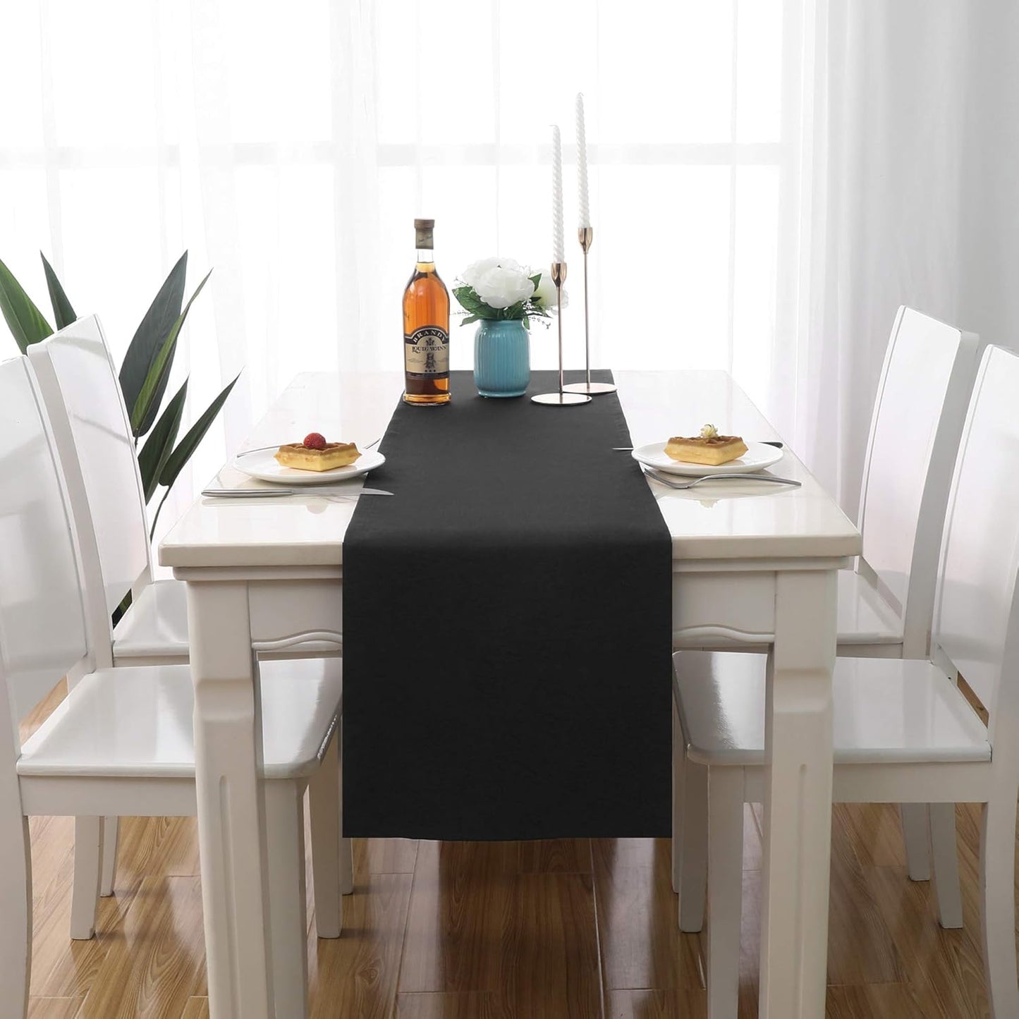 DUALIFE Jet Black Table Runner 14x108 inch Solid Color Thick Polyester Decorative Cloth Handcrafted for Wedding Party Birthday Graduations Banquet,Restaurant & Outdoors 2 Pieces