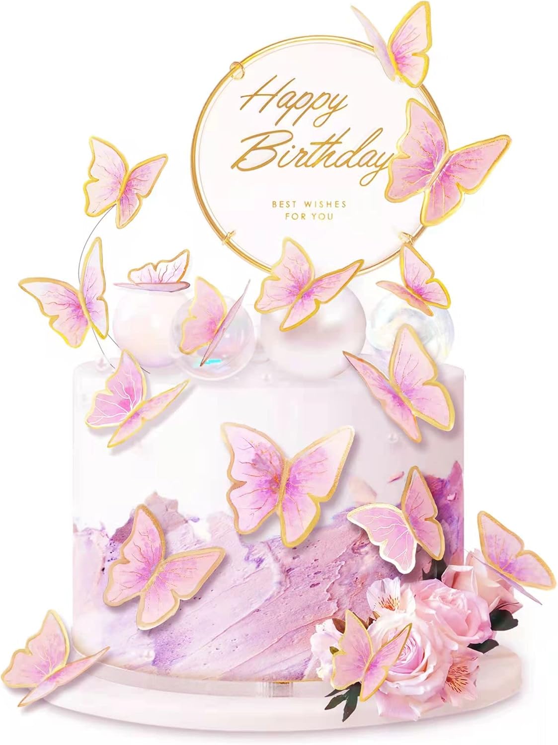 11-Piece Pink Gold Butterfly Cake Toppers Set - Happy Birthday Metal Gold Cake Topper & Decorations (LL-652)