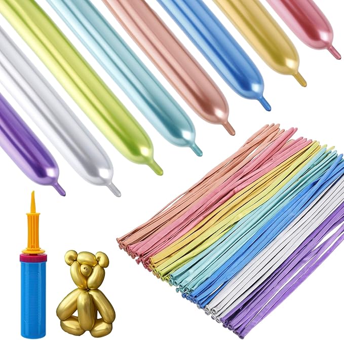 100 Pcs 260Q Balloons Kit with Pump - Kids Premium Latex Twisting Long Balloons to Make Animals Flowers, Metallic Assorted Balloons for Party Boys Girls Christmas Birthday Gifts Clowns Wedding Decor