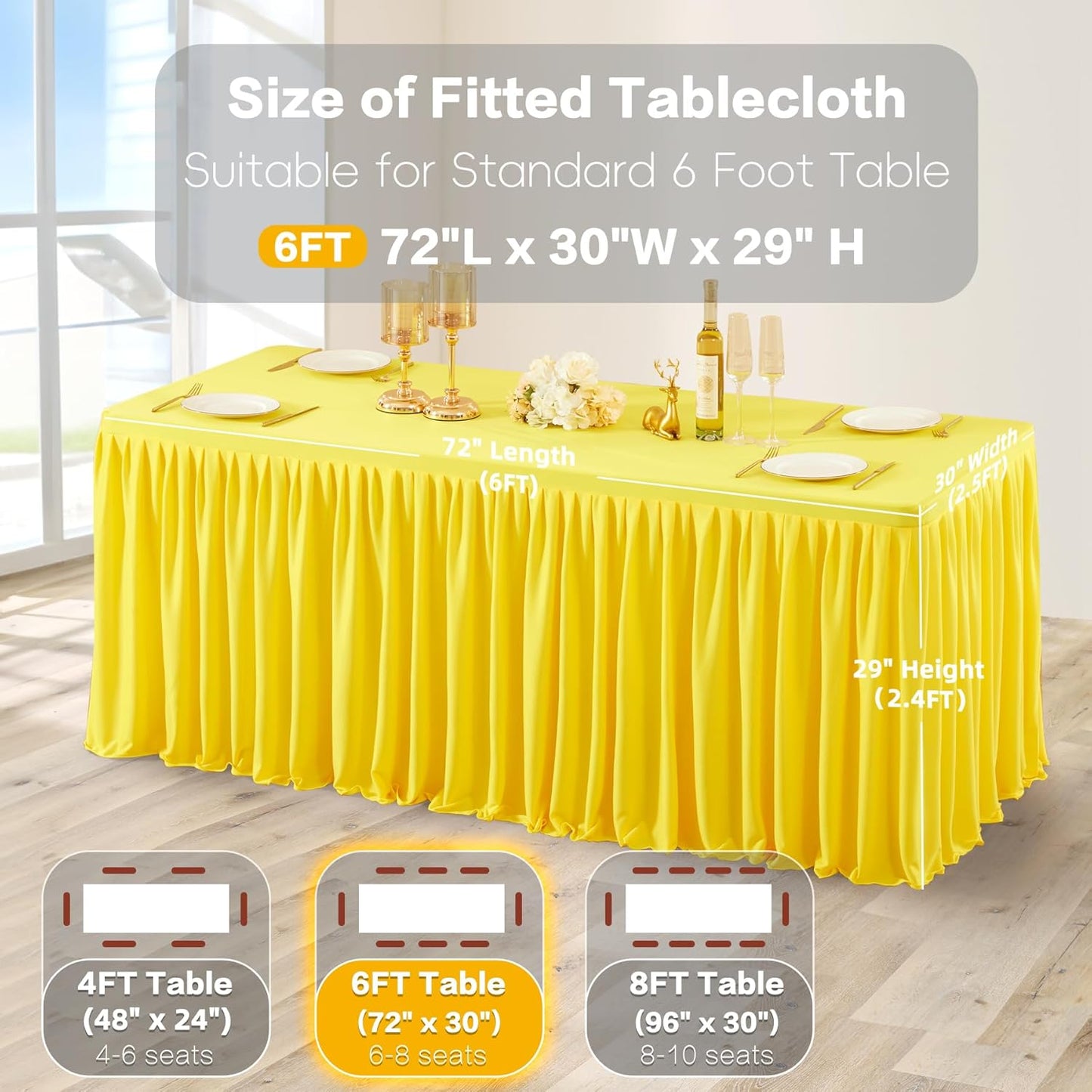 Yellow Table Clothes for Rectangle Tables 6ft, Wrinkle Resistant Fitted Table Cloth with Pleated Ruffle Skirts for Banquet Wedding Baby Shower Folding Tables