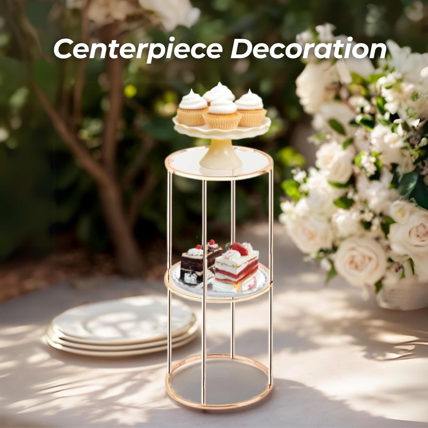 3PCS 2 Tier Round Gold Cake Stand for Party, Tall Metal Pedestal Stands for Display Decoration, Flower, Plant, Birthday, Wedding, Baby Shower, Bridal Shower, Cylinder Column for Desserts