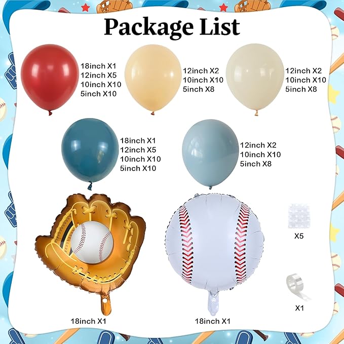 Baseball Balloon Arch Kit, Red Dusty Slate Blue Ivory Nude Balloon Garland for Baseball Birthday Party Decorations Boys Summer Baby Shower Rookie of The Year First Birthday Sport Themed Decorations