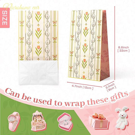 NICROHOME EUR Floral Gift Bags with Butterfly Stickers, 24 Pack Small Kraft Paper Bags Green Pink Tulip Design, Party Favors Bags Bulk for Girls Women Birthday Baby Shower Mother's Day Gift Packing