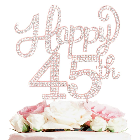 LASKYER Happy 45th Birthday Rose Gold Rhinestone Cake Topper - 45th Birthday/Anniversary,Cheers to 45 Years Old Bday Party Metal Sparkly Centerpieces Decorations.