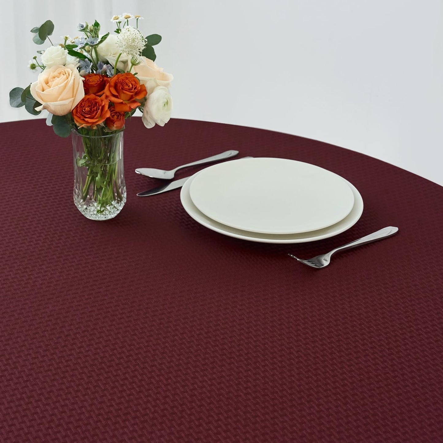 maxmill Round Weaved Texture Design Tablecloth Spill-Proof Wrinkle Free Soft Washable Table Cloth for Circular Table Cover, for Dining Room Buffet Banquet Parties Holiday Dinner, 70 Inch Burgundy