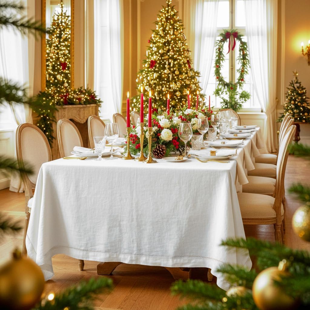 D'Moksha Homes White Linen Tablecloth for Rectangle Tables 60 x 144 Inch - 100% Pure Linen White Table Cloth - Classic Hemstitch, Machine Washable Dining Tablecloth for Thanksgiving, Christmas