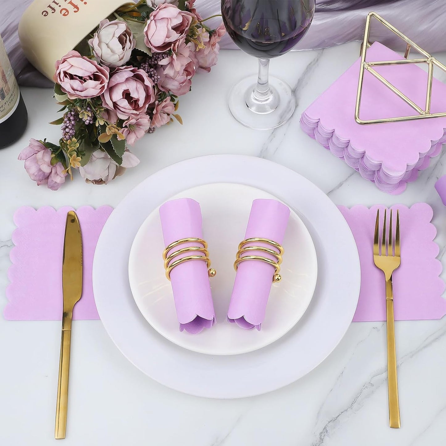 120 Pcs Purple Napkins,Scalloped Lavender Napkins Disposable Purple Cocktail Napkin Lilac Beverage Dessert Napkin for Birthday Wedding Bridal Baby Shower, 5 x 5 Inch