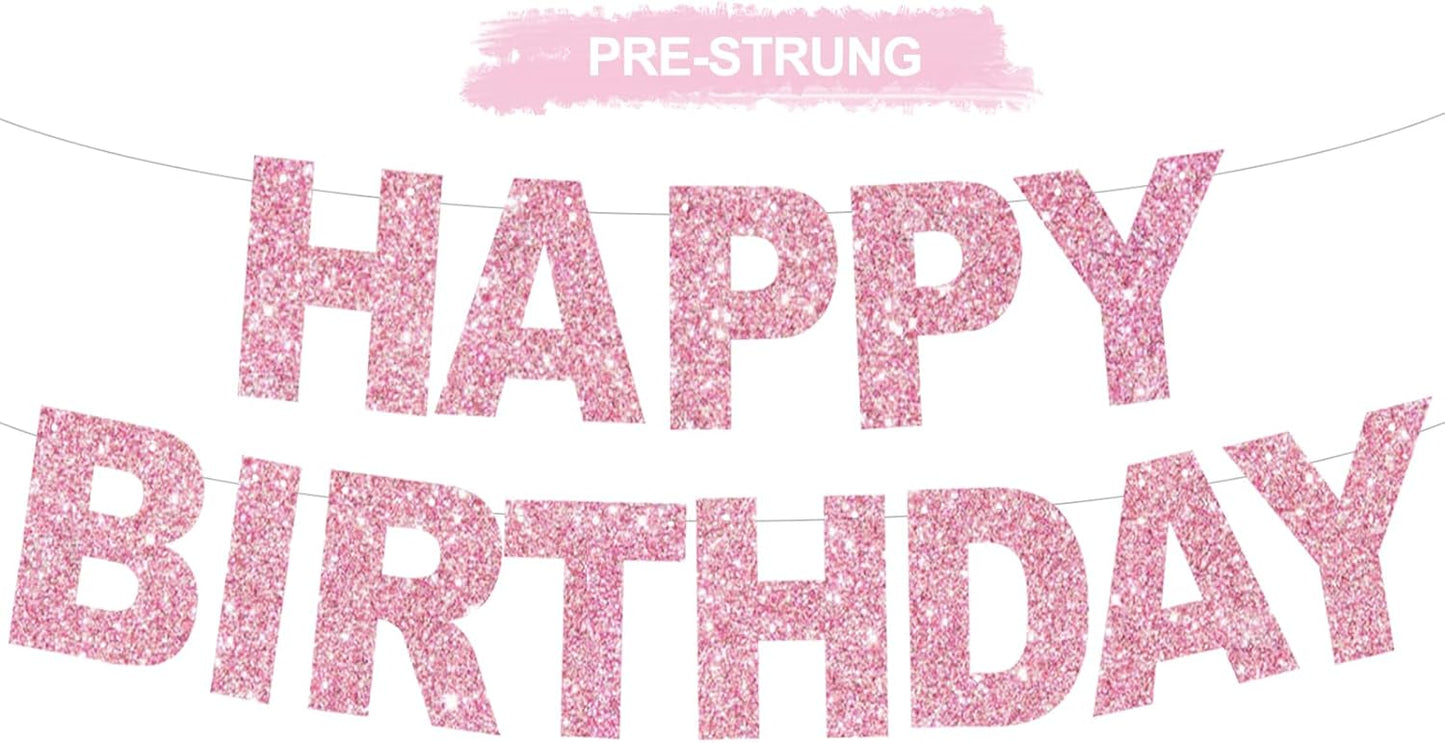 BEISHIDA Pink Happy Birthday Banner - Pre-Strung,No DIY Party Decorations - Happy Birthday Sign - Birthday Banner for Women, Kids - Backdrop