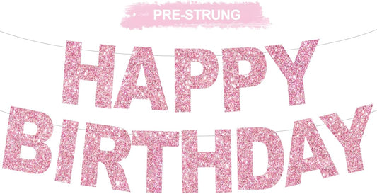 BEISHIDA Pink Happy Birthday Banner - Pre-Strung,No DIY Party Decorations - Happy Birthday Sign - Birthday Banner for Women, Kids - Backdrop