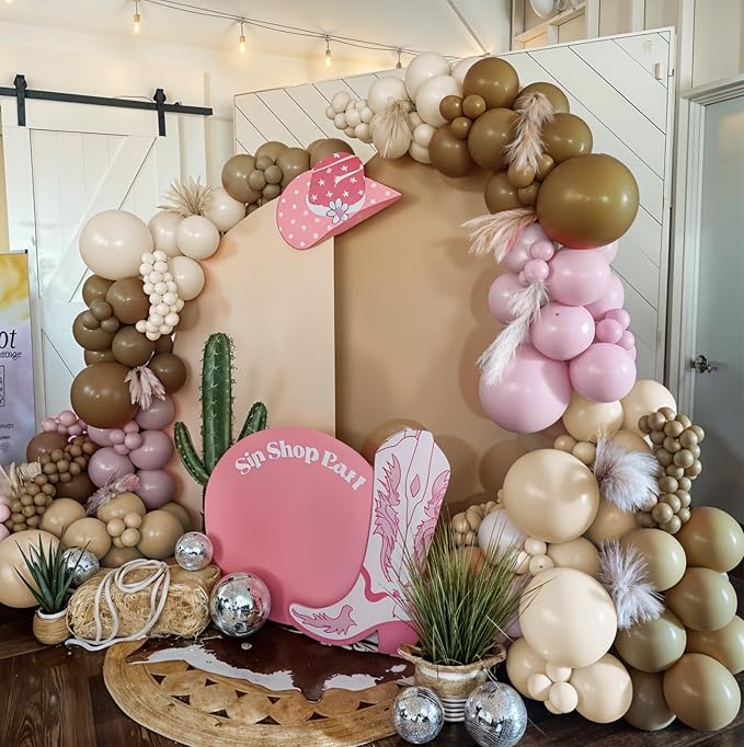 Pink Brown Balloon Arch Garland Kit, Cowgirl Rodeo Balloons Dusty Blush Light Pink Brown Nude Sand White Balloons with Ribbon Bow for Boho Baby Shower Western First Rodeo Birthday Party Decorations