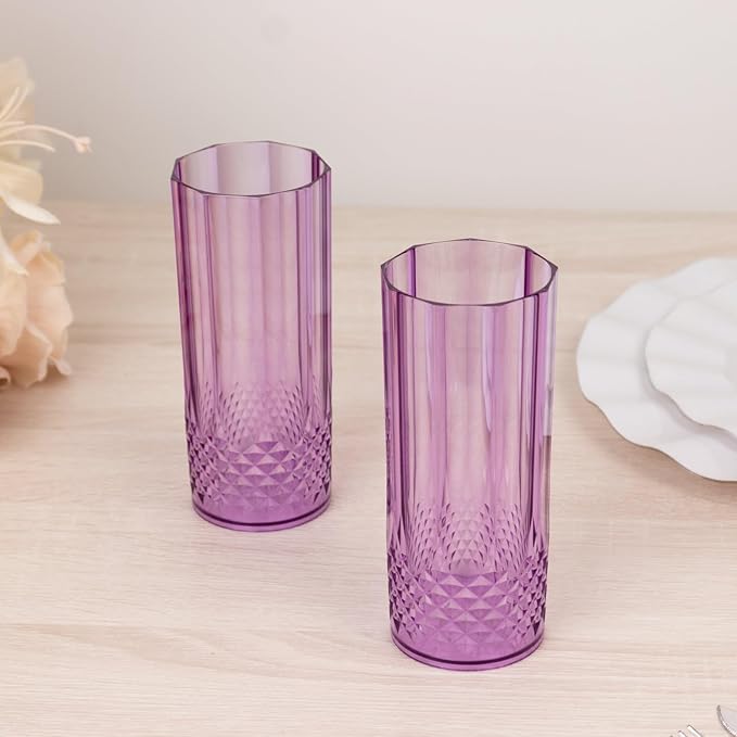 Efavormart 6-Pack Plastic Highball Glasses, 14oz Shatterproof Crystal Cut Drink Glasses for Kitchen Mojito Whiskey Cocktail, Purple
