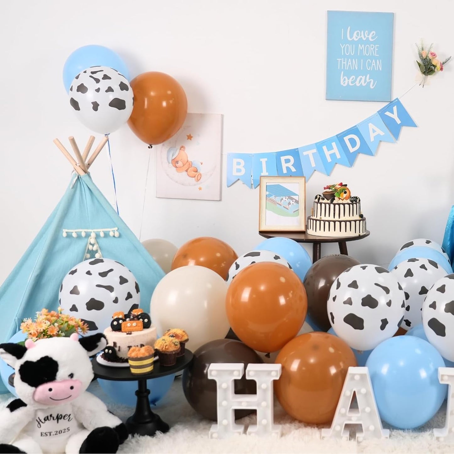 Paready Cow Print Balloons Set, 60Pcs Blue Brown Cow Balloons, 12Inch Light Blue Brown Sand White Latex Balloon for Farm Western Birthday Baby Shower Cowboy Cow Themed Birthday Party Decorations