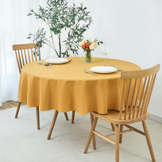 maxmill Round Weaved Texture Design Tablecloth Spill-Proof Wrinkle Free Soft Washable Table Cloth for Circular Table Cover, for Dining Room Banquet Parties Holiday Dinner, 70 Inch Ochre Yellow
