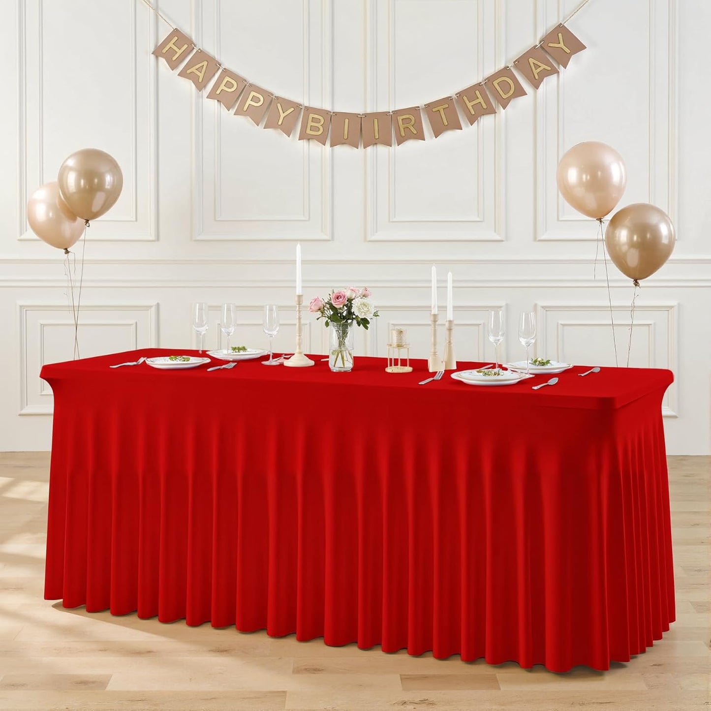 Suppromo 8ft Red Spandex Table Cloths for Rectangle Tables Wrinkle Free Red Tablecloth Rectangle Stretch Fitted 8 Foot Table Cover with Skirt for Birthday Party Baby Shower Wedding Banquet Buffet
