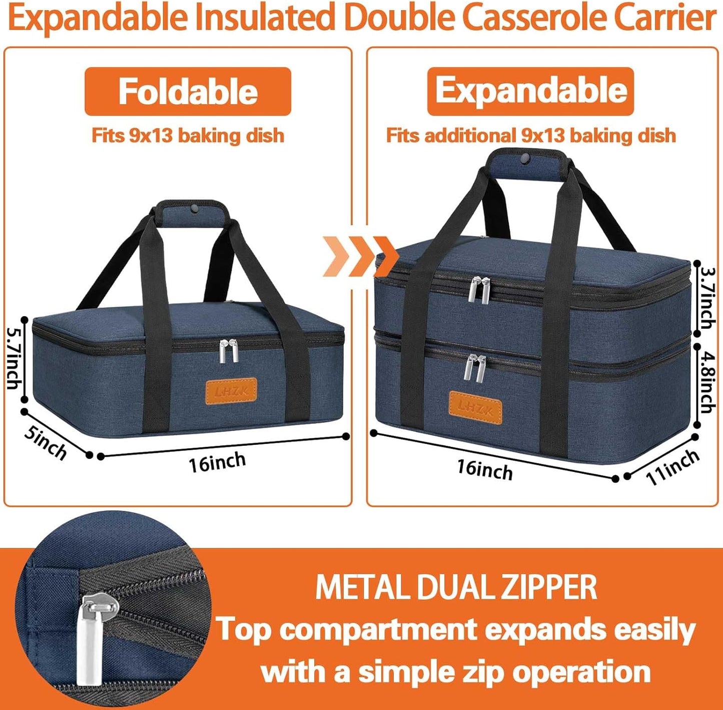 LHZK Double Insulated Casserole Carrier for Hot or Cold Food, Lasagna Holder Tote for Potluck Parties, Beach, Picnic, Travel, Fits 11x15 or 9x13 Dish (Blue)