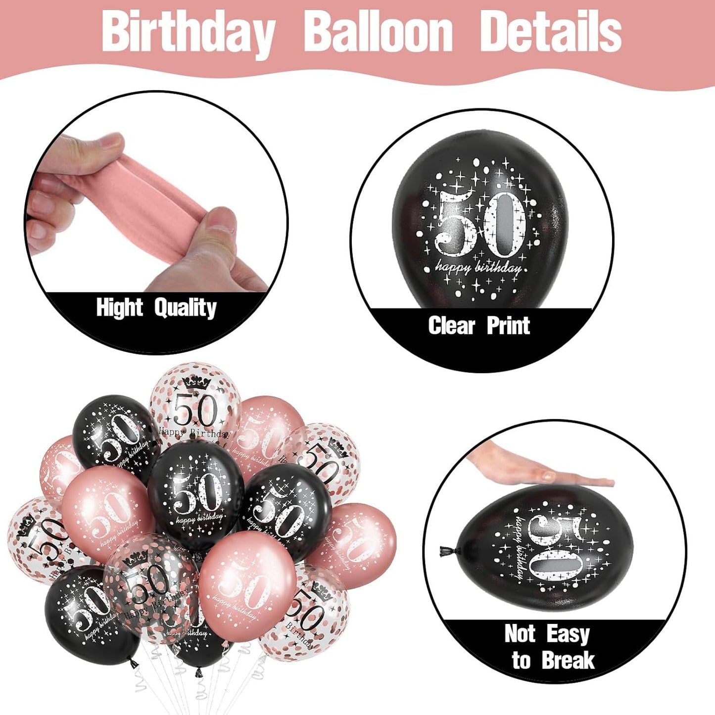 50th Birthday Decorations for Women, Pack of 15 Happy 50th Birthday Balloons Black Rose Gold Confetti Latex Helium Balloons for Her Age 50 Years Old 50th Birthday Party Decor Celebration Supplies