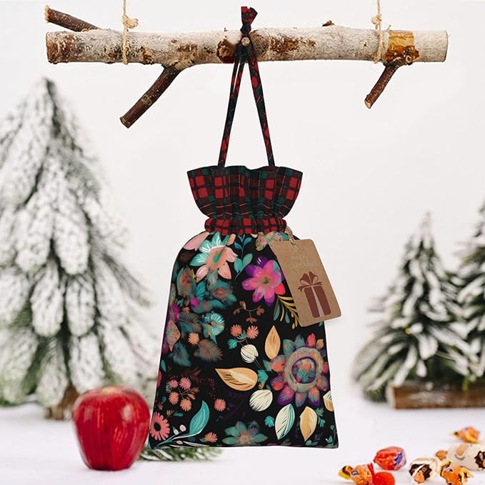 PULaif Colorful Boho Florals Christmas Drawstring Gift Bags, Large Size Christmas Bags For Gifts Party Favors, Xmas Gift Bags