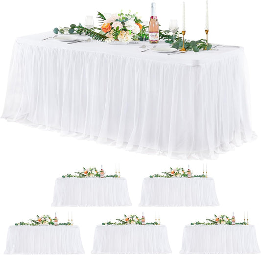 6 Pack White Tulle Tablecloths for 8 Foot Rectangular Tables, 8ft White Tulle Table Skirt, Wrinkle Free Table Cover with Tutu Skirt for Wedding Bridal Shower Birthday Party Banquet Buffet Cake Event