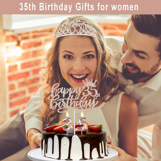 35th Birthday Decorations for Women Including Sash, Tiara/Crown, Numeral Candles and Cake Topper, Rose Gold 35th Birthday Gifts for Women, Rose Gold Party Decor Supplies