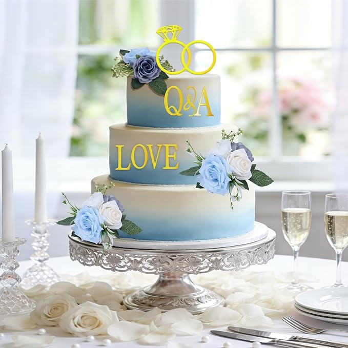 4Pcs Wedding Cake Topper Diamond Ring Cake Topper with 26 Letter Personalize Bride and Groom Initial Sign Cake Decor for Bridal Shower Party