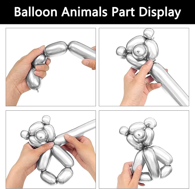 Silver Metallic 260 long Balloons 100 Pack Modeling Long Magic Balloons Shiny Latex DIY Animal Balloon for Birthday Wedding New Year Festival Party Decoration (Silver Twisting Balloons)
