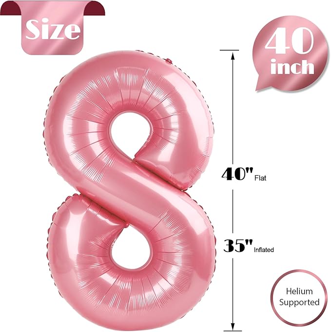Pearlescent Pink 8 Balloon, Number Balloons 40 Inch, 8th Birthday Decorations for Girls, Birthday Balloons, Pastel Pink Party Supplies, Number 8 Balloon