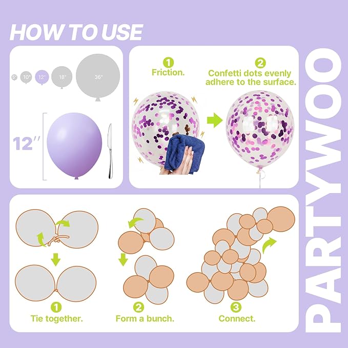 PartyWoo Pink and Purple Balloons 65pcs 12 Inch Baby Pastel Light Metallic Pink Light Purple Lavender Lilac Confetti Balloons for Baby Shower Princess Butterfly Birthday Party Decorations
