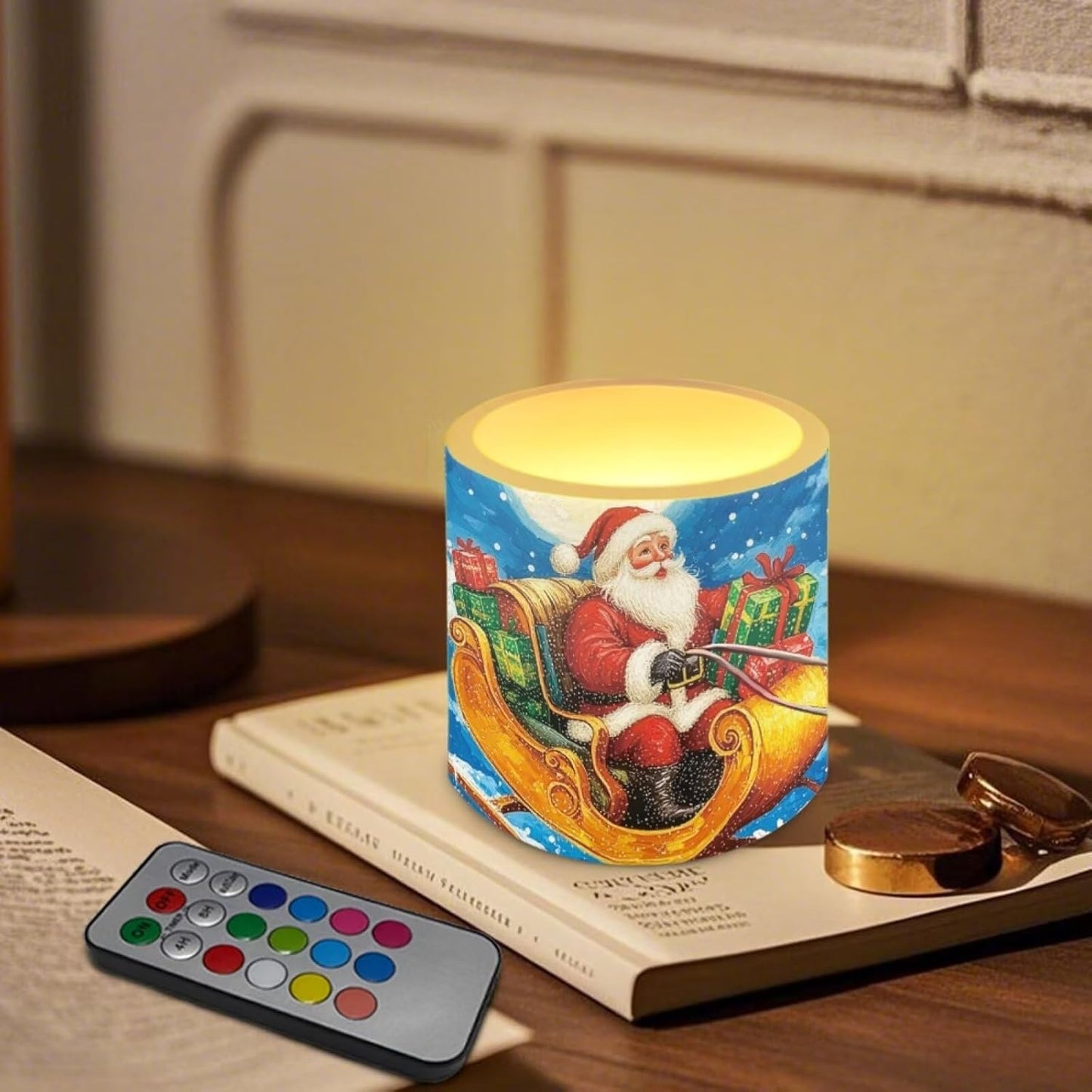 Poceacles 4 PCS Christmas Decoration Flameless LED Candles with Remote and Timer, Battery Powered, Realistic Electric LED Candles for Weddings Parties Home Decor, Santa Claus Sleigh Pattern