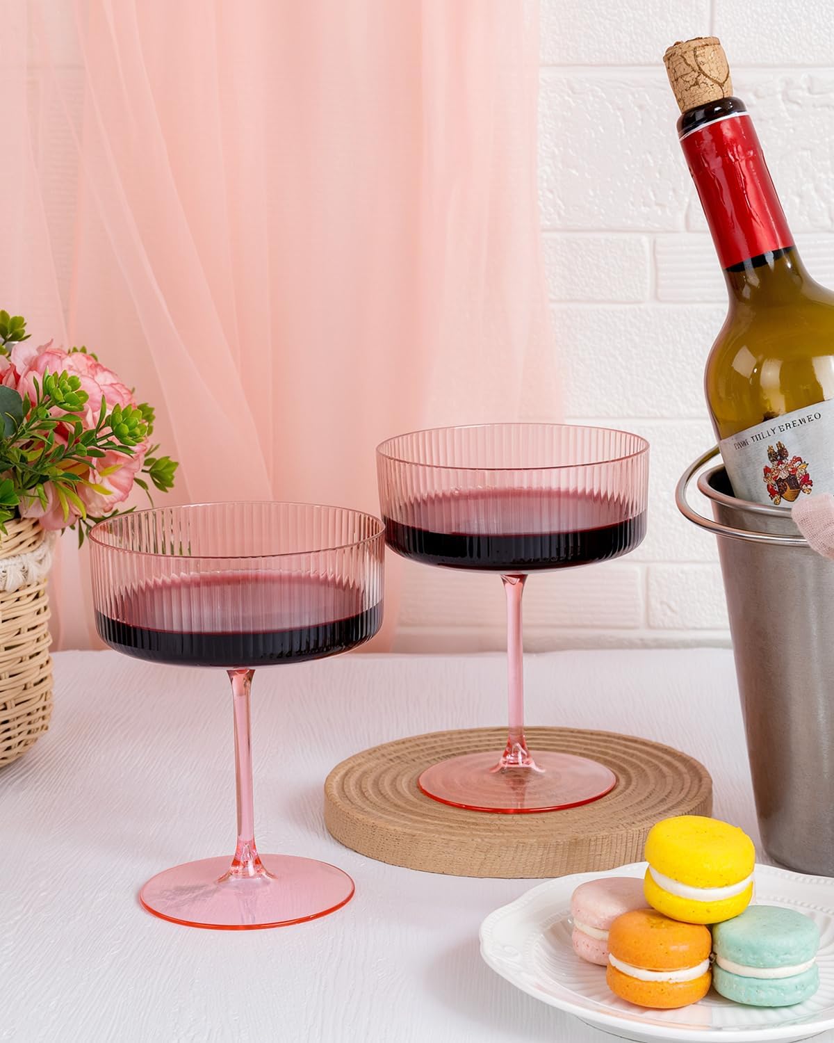 Ciaell 12PCS Plastic Ribbed Martini Glasses - 10 Oz Pink Disposable Coupe Glasses with Stem - Heavy Duty Margarita Cups for Bars, Cocktails, Whiskey, Parties & Wedding