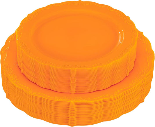 U-QE 60 Pieces Thanksgiving Plates - Thanksgiving Plastic Plates Disposable - Orange Plastic Plate for Party Including 30 Dinner 10.25 '' & 30 Dessert Plate 7.5 ''