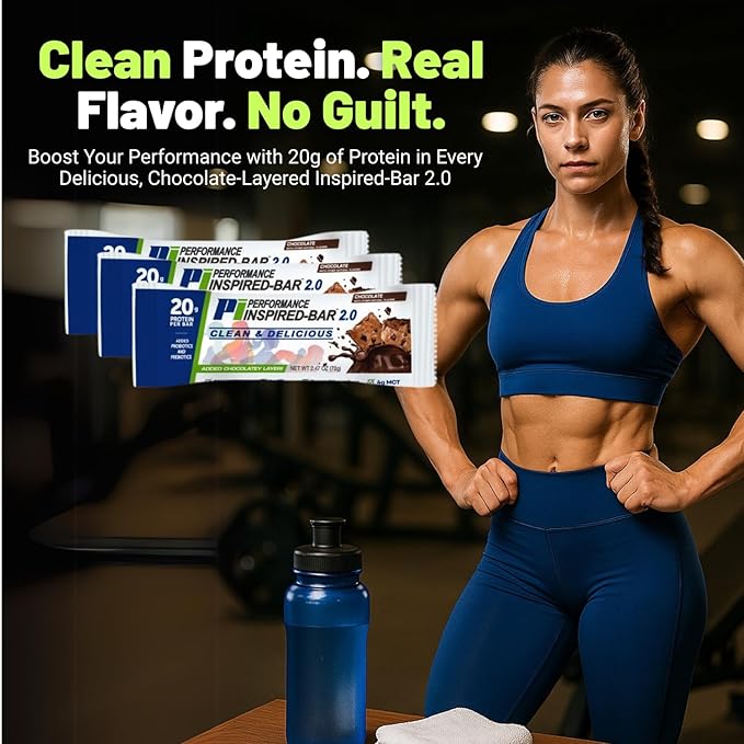 Performance Inspired Nutrition - Protein Bar 2.0 – Contains: 20G Protein - 6G Fiber - 4g MCTs - 1 Billion CFU Probiotics – 1G Prebiotics - G Free – BIG 70g bar - Chocolate 12-Ct. Box