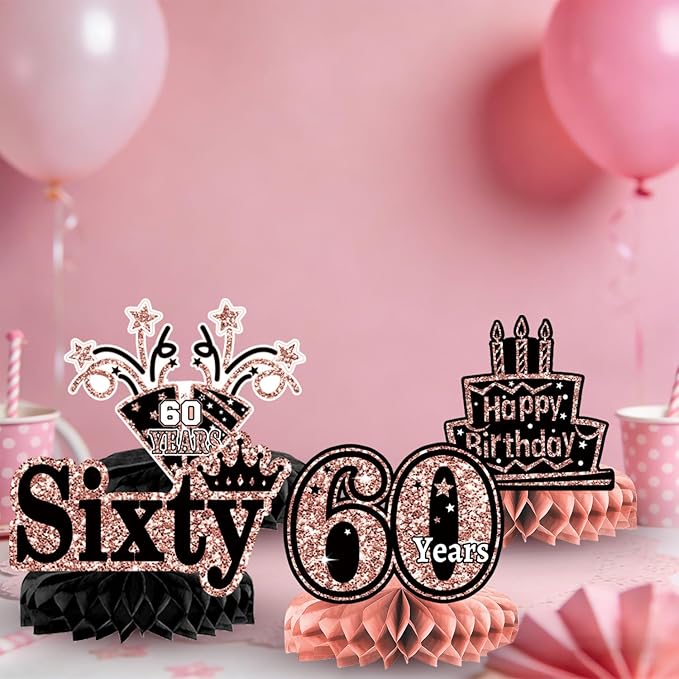 60th Birthday Decorations for Women, 38pcs 60th Birthday Crown and Sash, Black Rose Gold Happy 60th Birthday Banner Balloons Backdrop Hanging Swirls Porch Banner for 60 Years Old Birthday Decorations