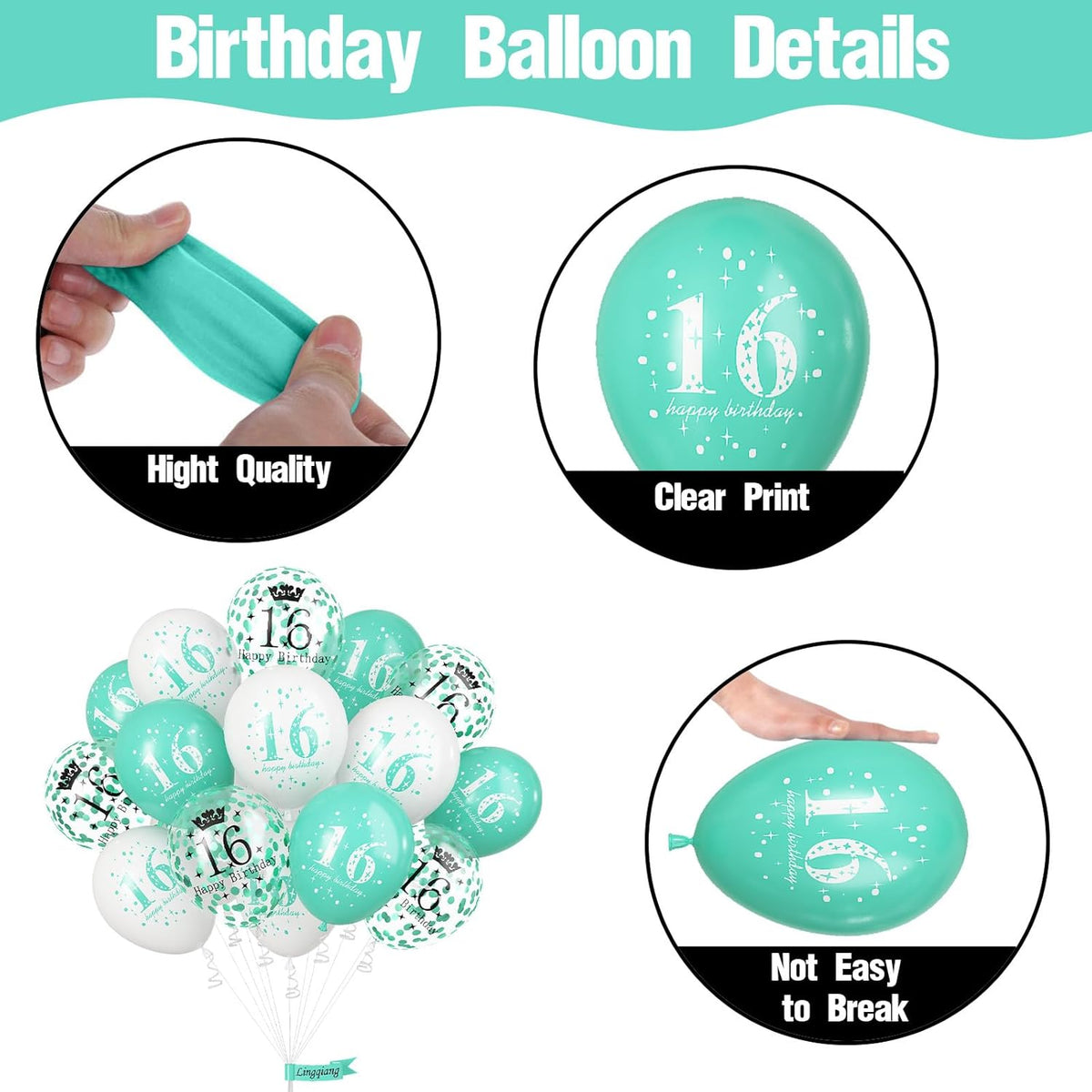 Happy 16th Birthday Balloons Girls, 15pcs Teal White 16th Birthday Decorations Boys, Turquoise White Confetti 16th Bday Party Balloons for Girl Sweet 16 Years Old Age Birthday Party Decor Supplies