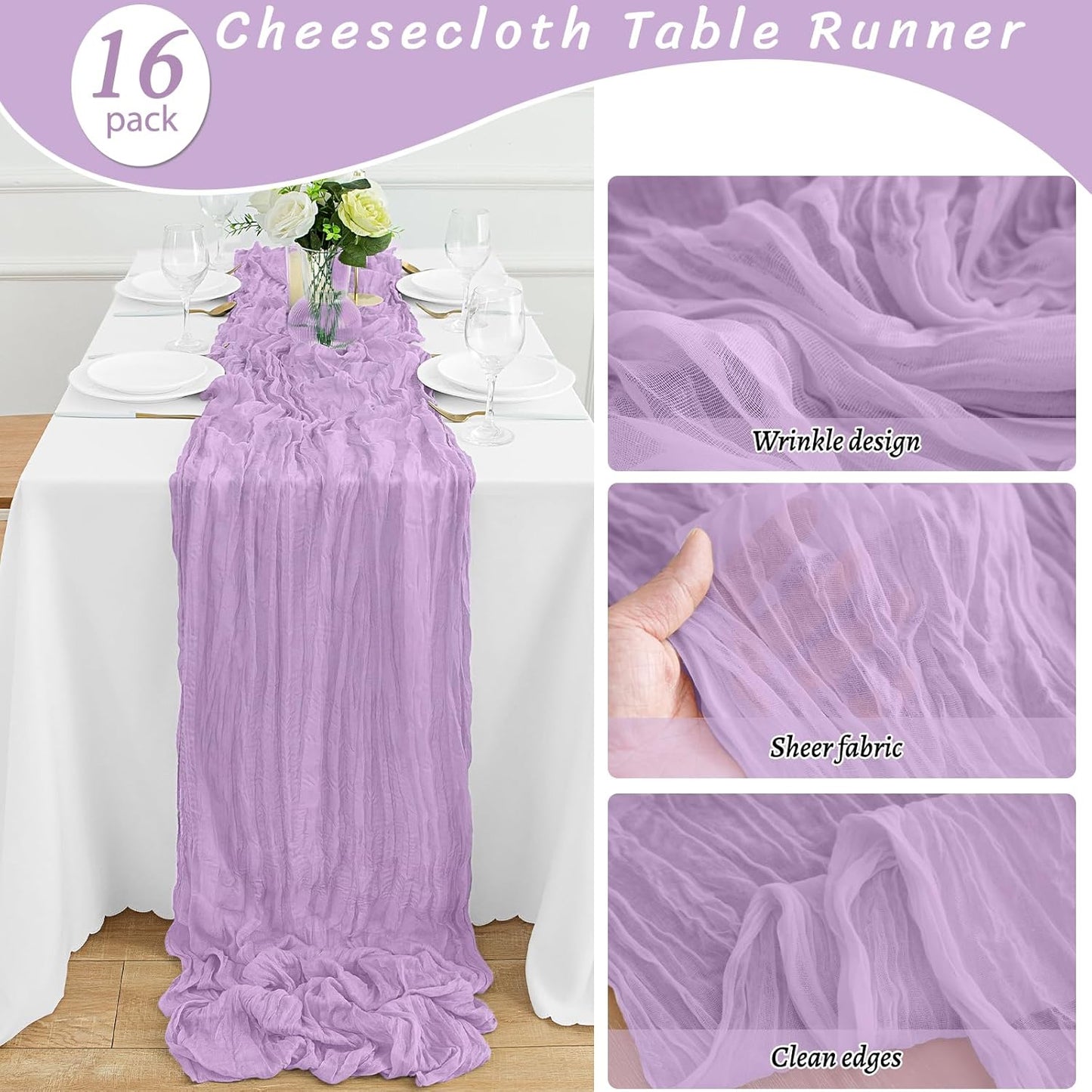 16Pack Lavender Table Runner 10FT Cheesecloth Table Runner 35x120Inch Long Boho Cheese Cloth Table Runners Rustic Gauze Table Runners for Party Wedding Bridal Shower Baby Shower Decorations