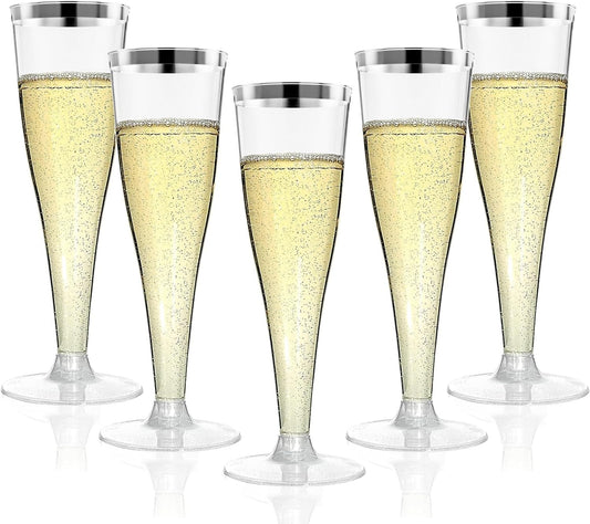 100 Pack Silver Rim Champagne Flutes Plastic Wine Glasses Disposable, 4.5 Oz Clear Silver Rim Mimosa Glasses for 2025 Engagement Wedding Birthday New Years Eve Xmas Party Supplies, Bulk Cocktail Cups