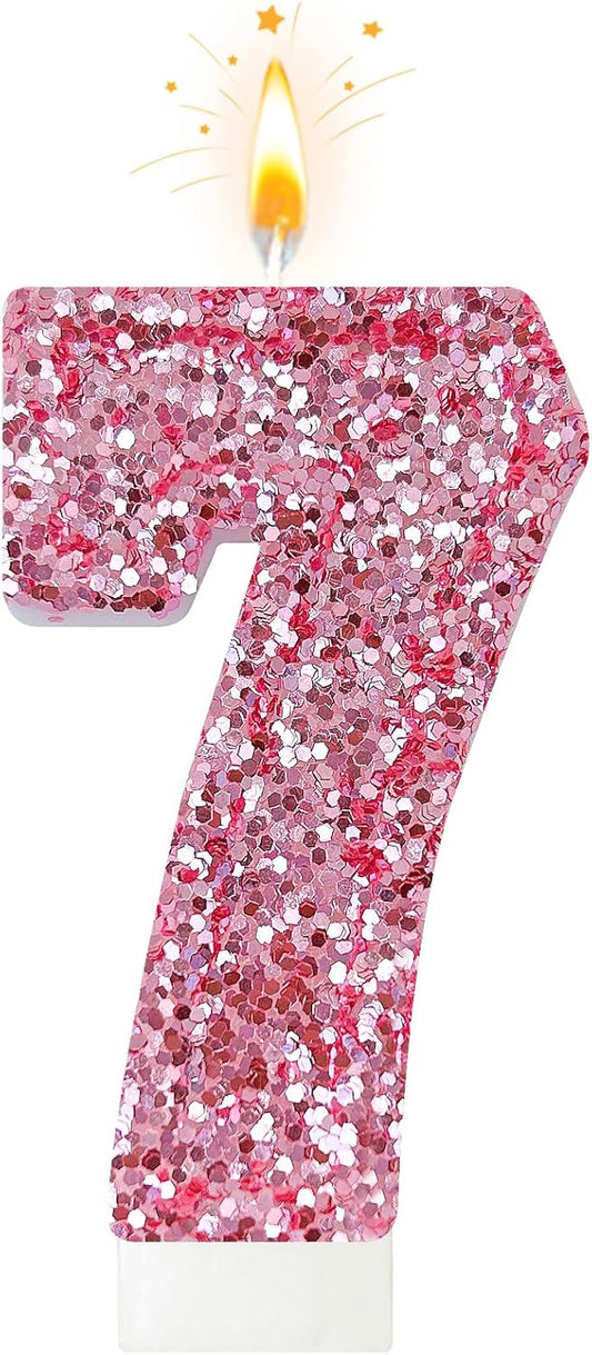 Birthday Number Candles, Glitter Number Candle Cake Decorations with Sequins, Cupcake Decorations for Girls, Women, Party Anniversary Celebrations (Number 7, Pink)
